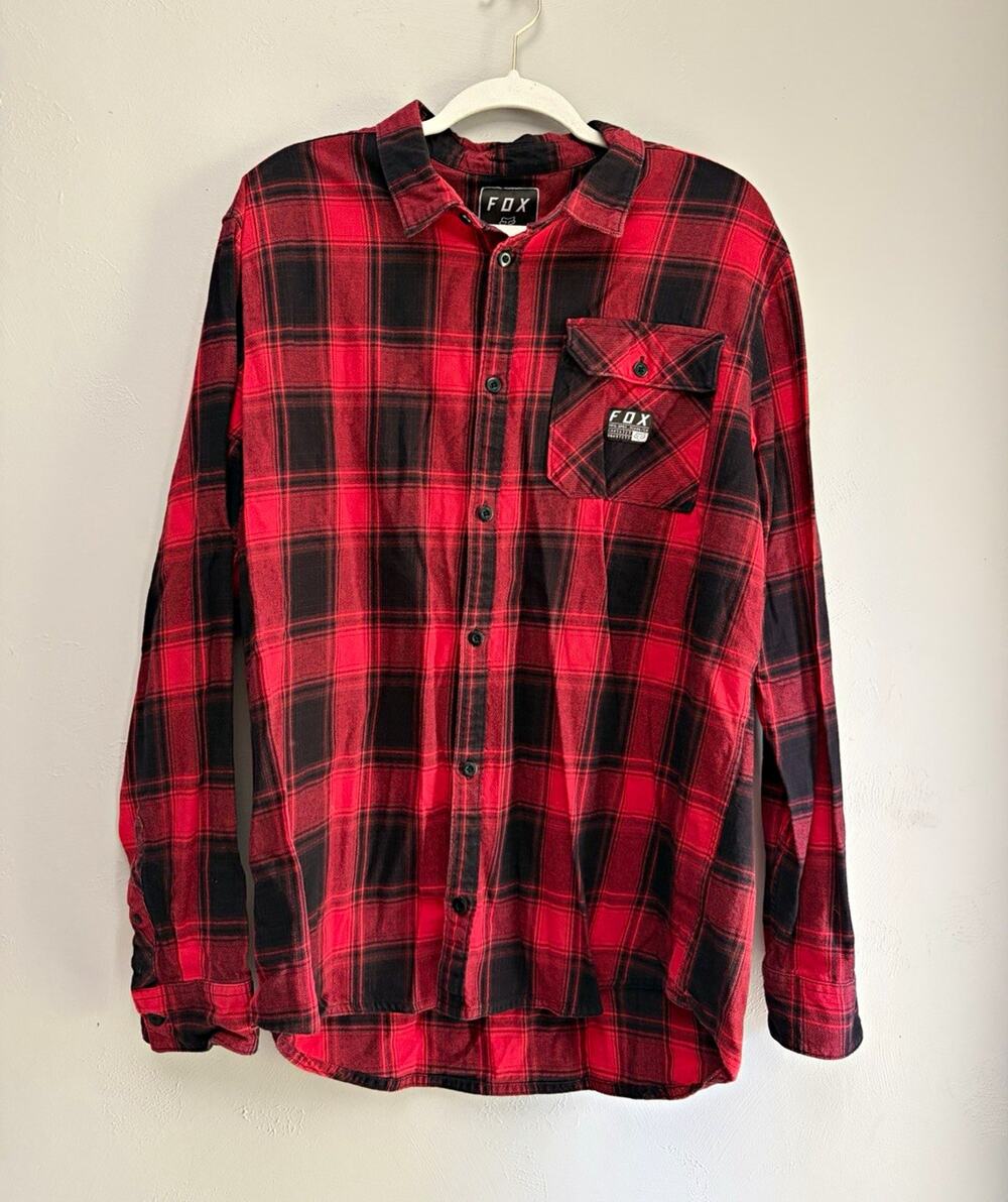 Fox Red Black Plaid Flannel Button Up Shirt Mens XL Long Sleeve Pockets (0202)